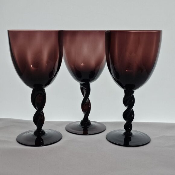 3 Vintage Blown Glass Plum Amethyst Optic Swirl Wine Goblets 7.5" twist stems - Picture 2 of 8
